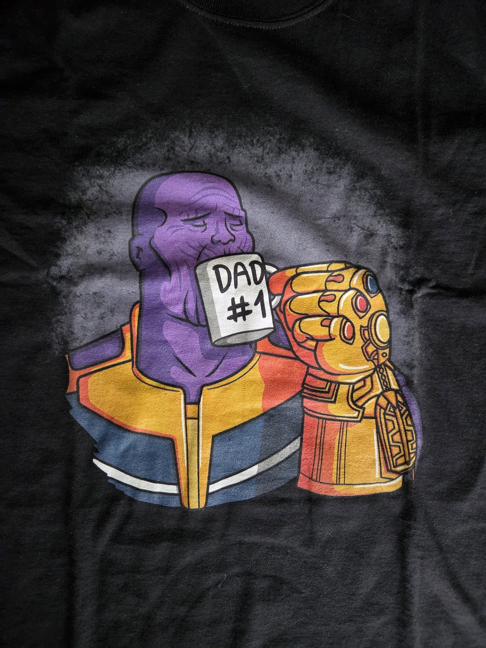 Graphic Black Short Sleeve Tee with Purple & Gold Comic Print